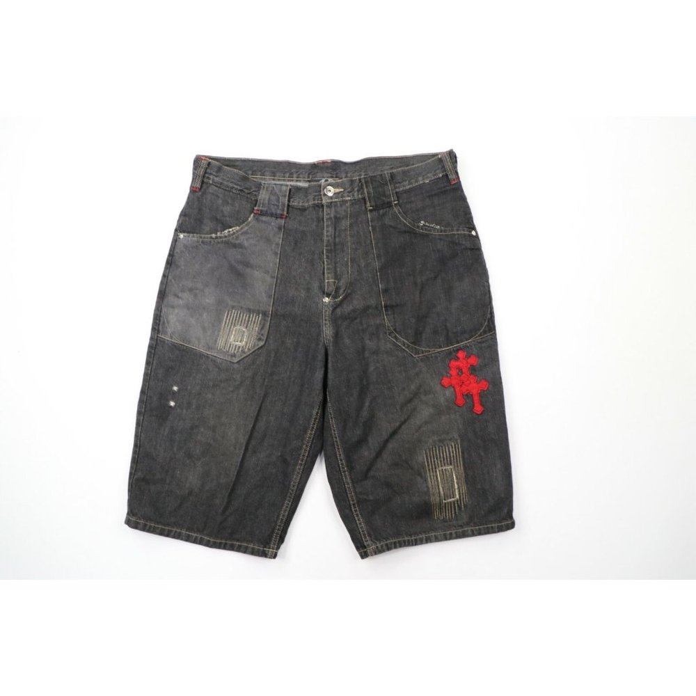Vintage Makaveli Mens 38 Distressed 2Pac Baggy Hip Hop Denim Jean Shorts Black